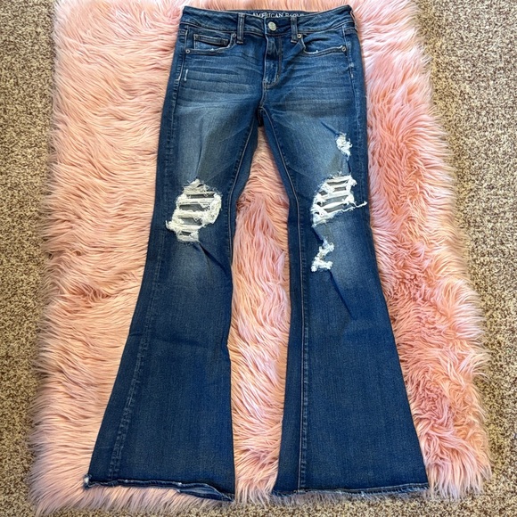American Eagle Outfitters Hi-Rise Slim Flare Distressed Blue Jeans, Size 6 - Picture 2 of 14